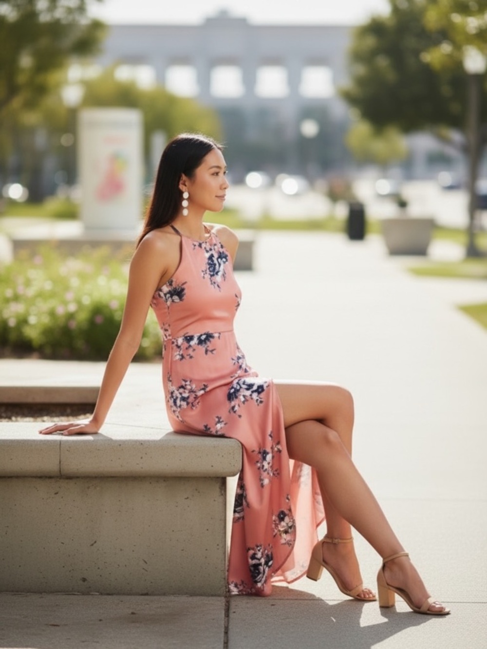 Charlotte Russe Coral Pink Floral Halter Maxi Dress with Navy Accents